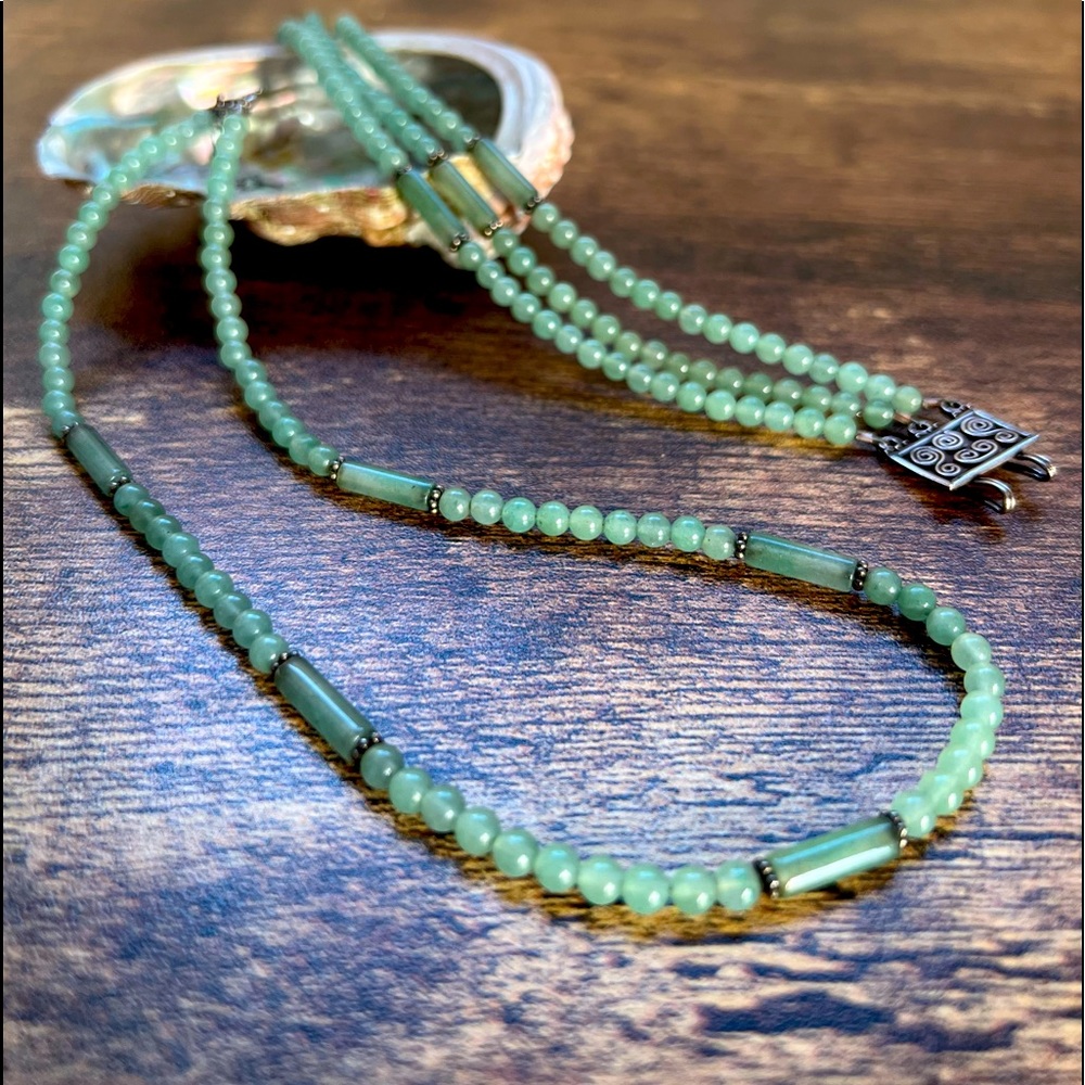 Vintage Sterling Silver & Sea Green Aventurine Necklace and Bracelet Set